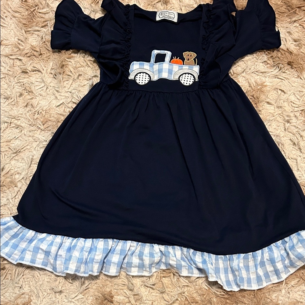 Navy Blue Kids Dress with Gingham Trim
